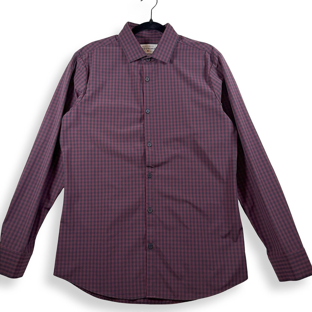 Mizzen+Main Leeward Mens Large Burgundy Gingham Trim Fit Performance Dress Shirt